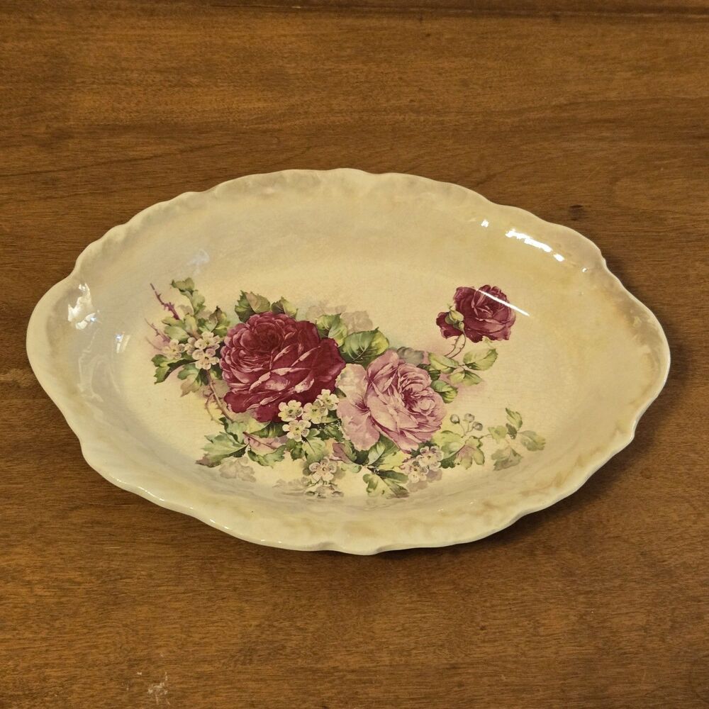 Antq Vtg HOMER LAUGHLIN Hudson Platter Painted Floral Gold Scalloped Edge 12 X 9 - Picture 3 of 9